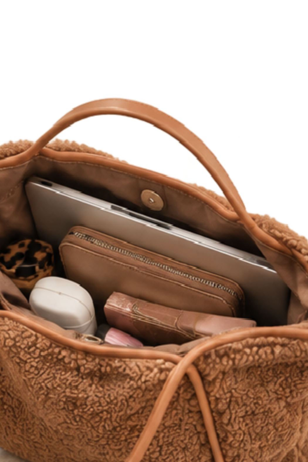 Sherpa tote bag open view with inner zip pocket and small compartments, tan handles