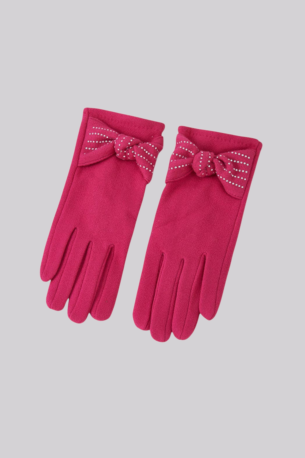 Fuchsia texting gloves with crystal bow accents at the wrist and textured finger grips