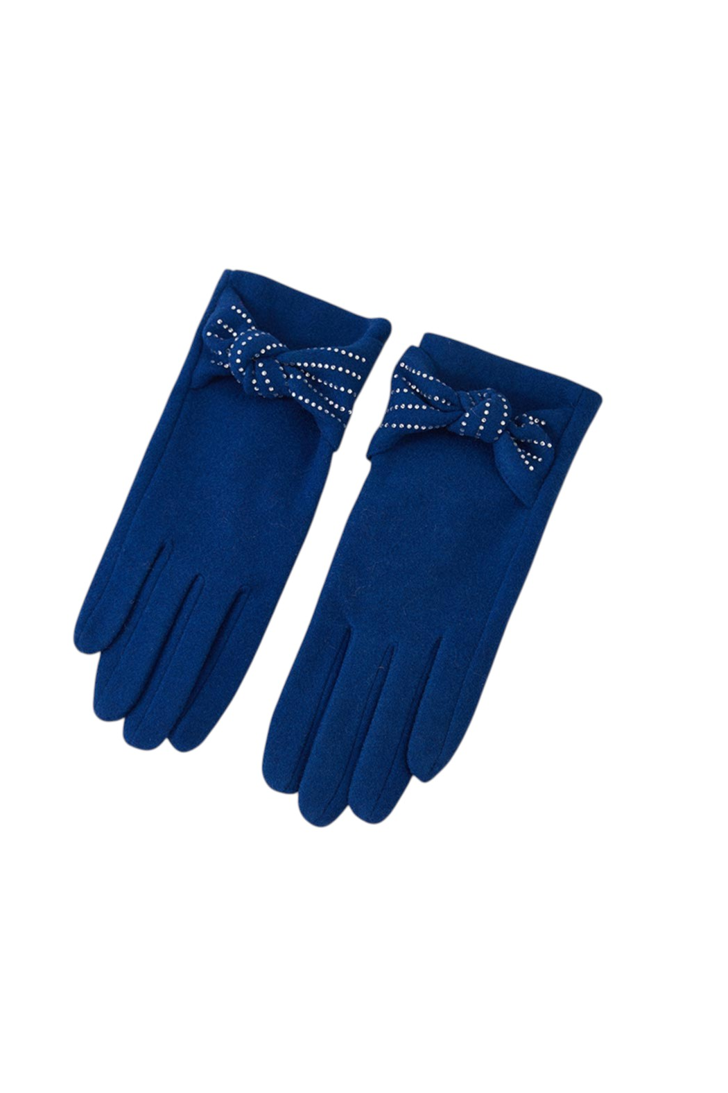 Navy texting gloves with crystal bow detail at the wrist and sleek knit cuffs