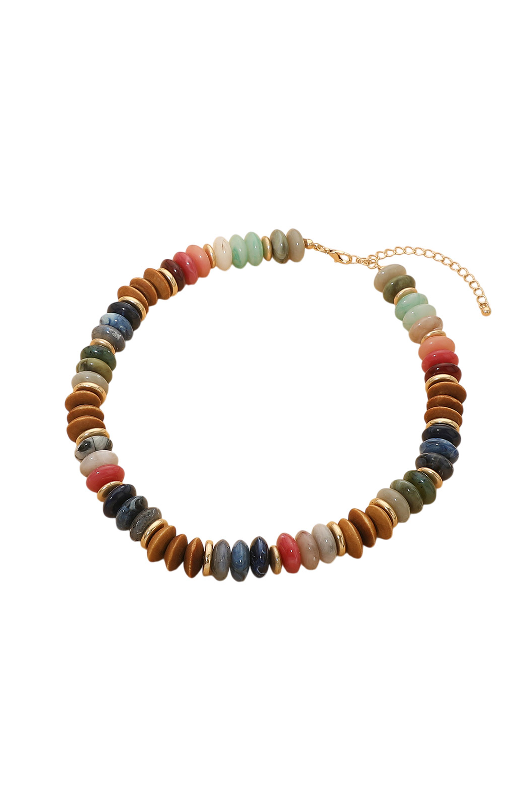 Multicolor gemstone disc bead necklace with gold-tone chain and lobster clasp