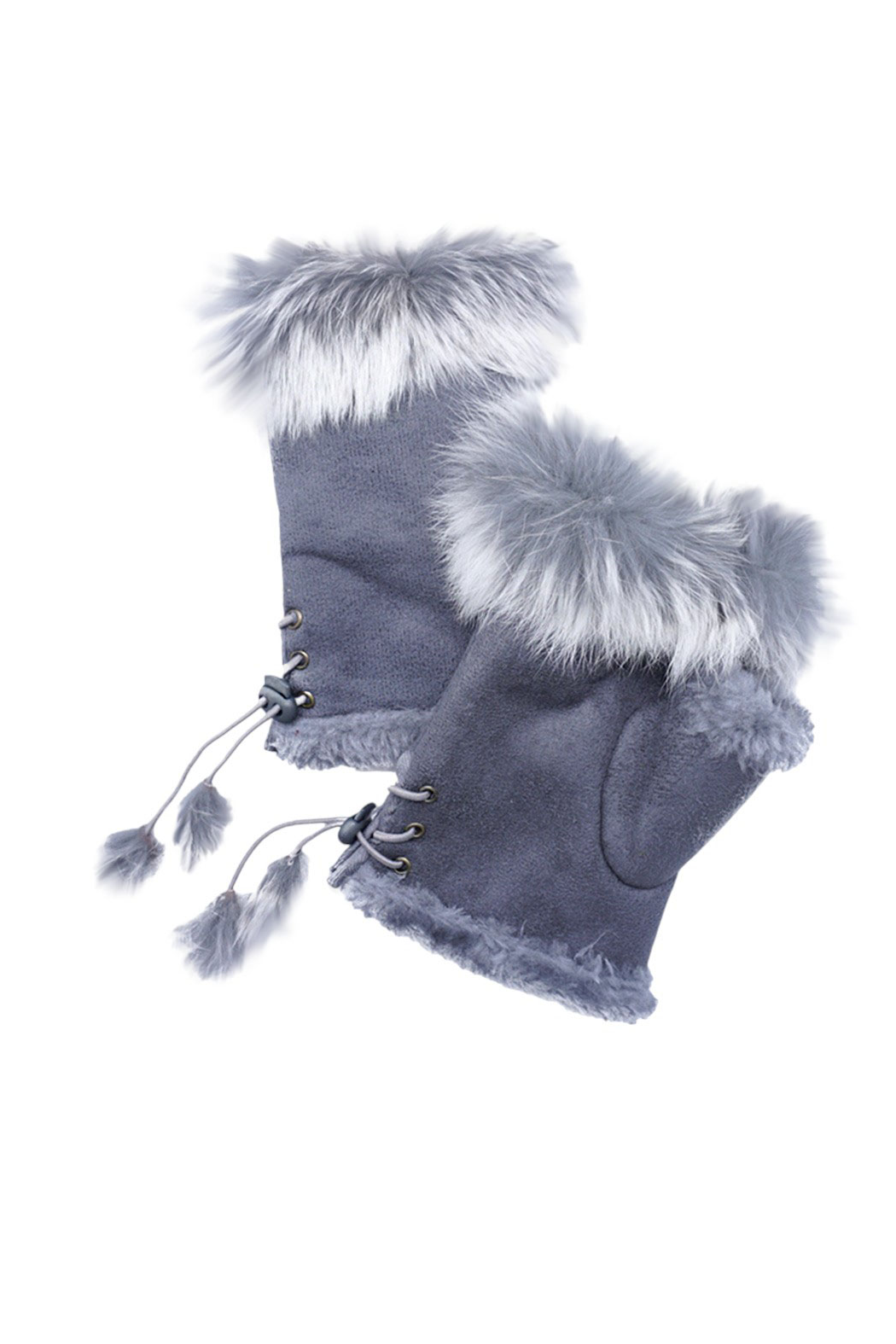 Blue suede fingerless gloves with light faux-fur cuffs, lace-up front, hanging tassels