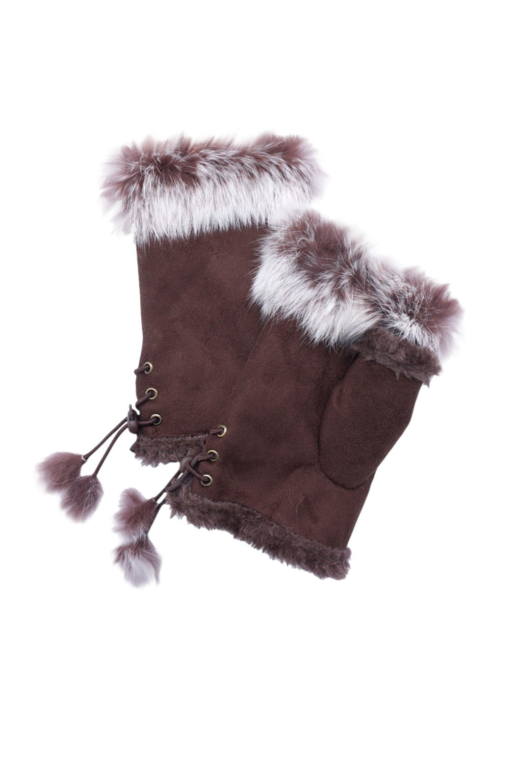 Brown suede fingerless gloves with light faux-fur trim and lace-up front
