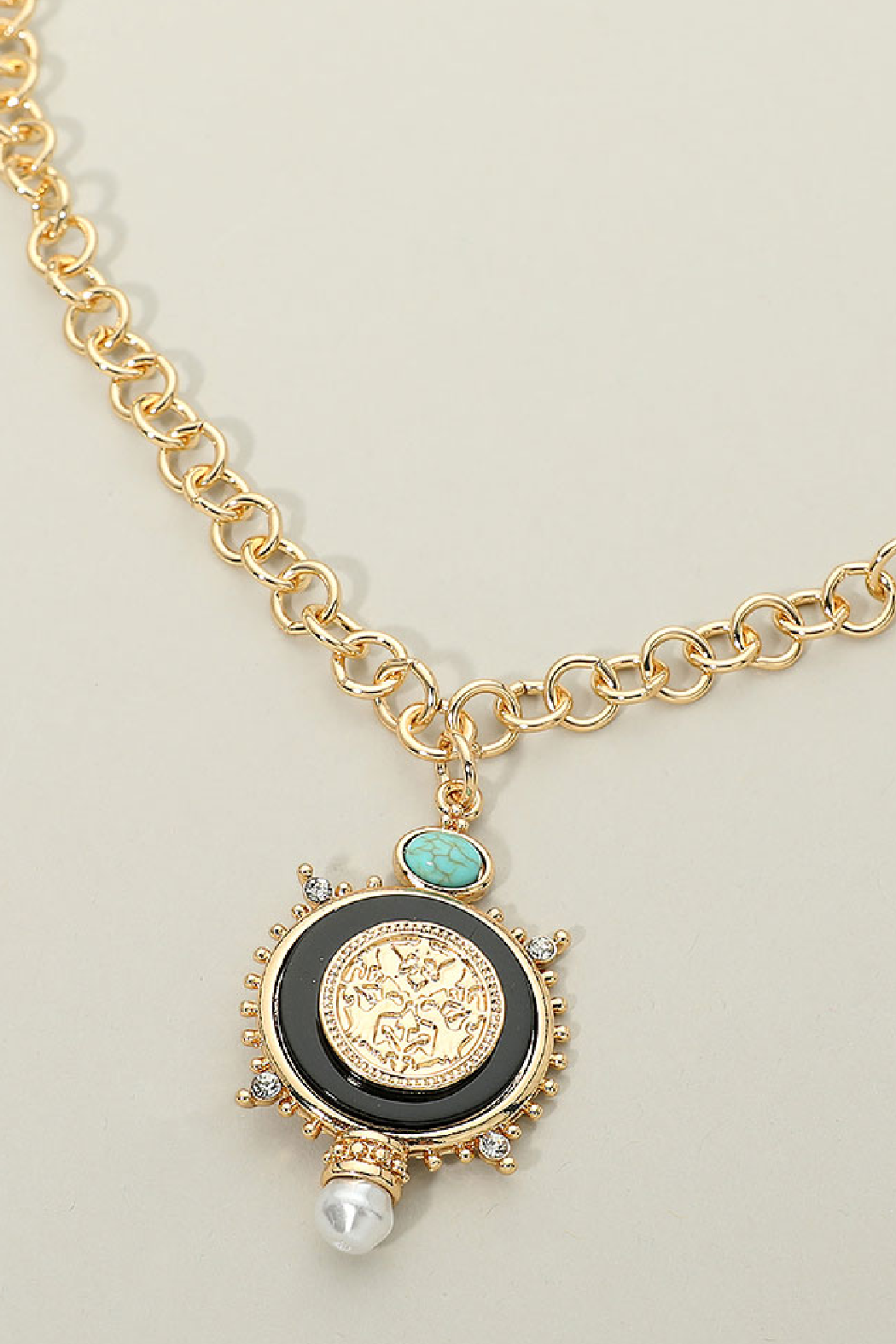 Pearl and Turquoise Coin Necklace