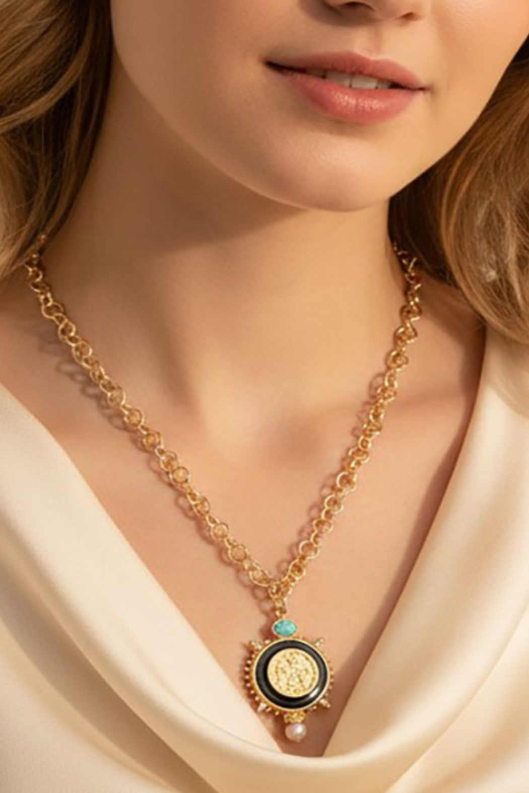 Pearl and Turquoise Coin Necklace