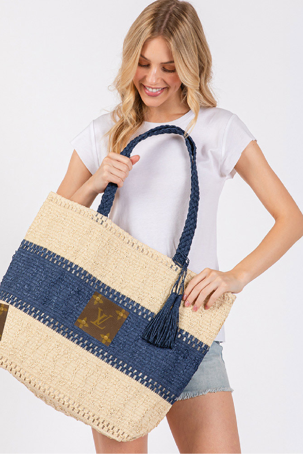 Upcycled Straw Color Block Tote