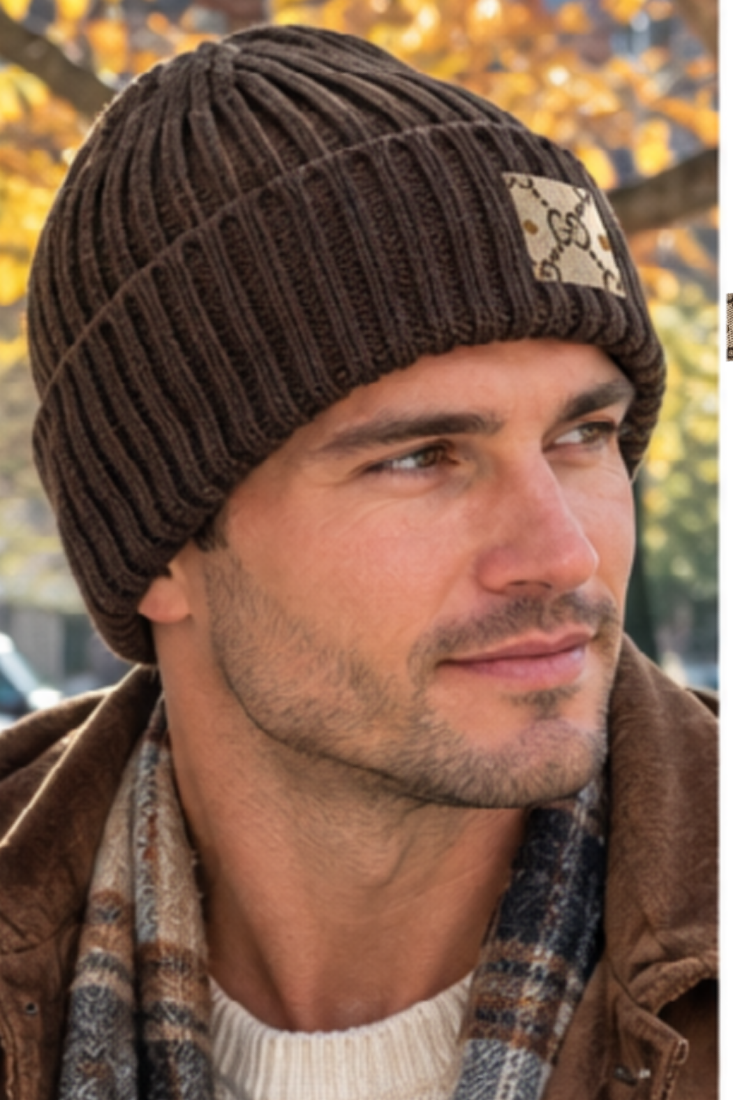 Upcycled Gucci beanie in dark brown ribbed knit with cuff and GG logo patch