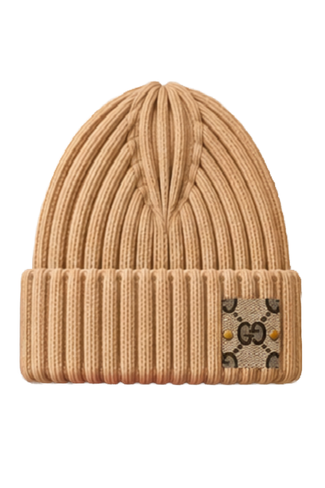 Beige wide-rib knit beanie with fold-over cuff and GG logo patch