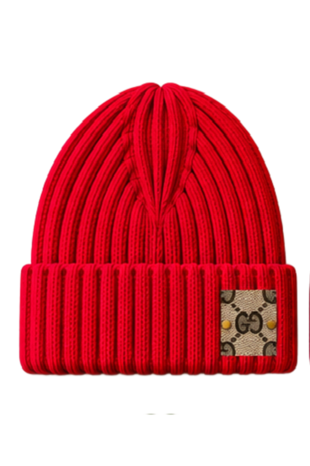 Upcycled Gucci beanie in red ribbed knit with folded cuff and GG logo patch