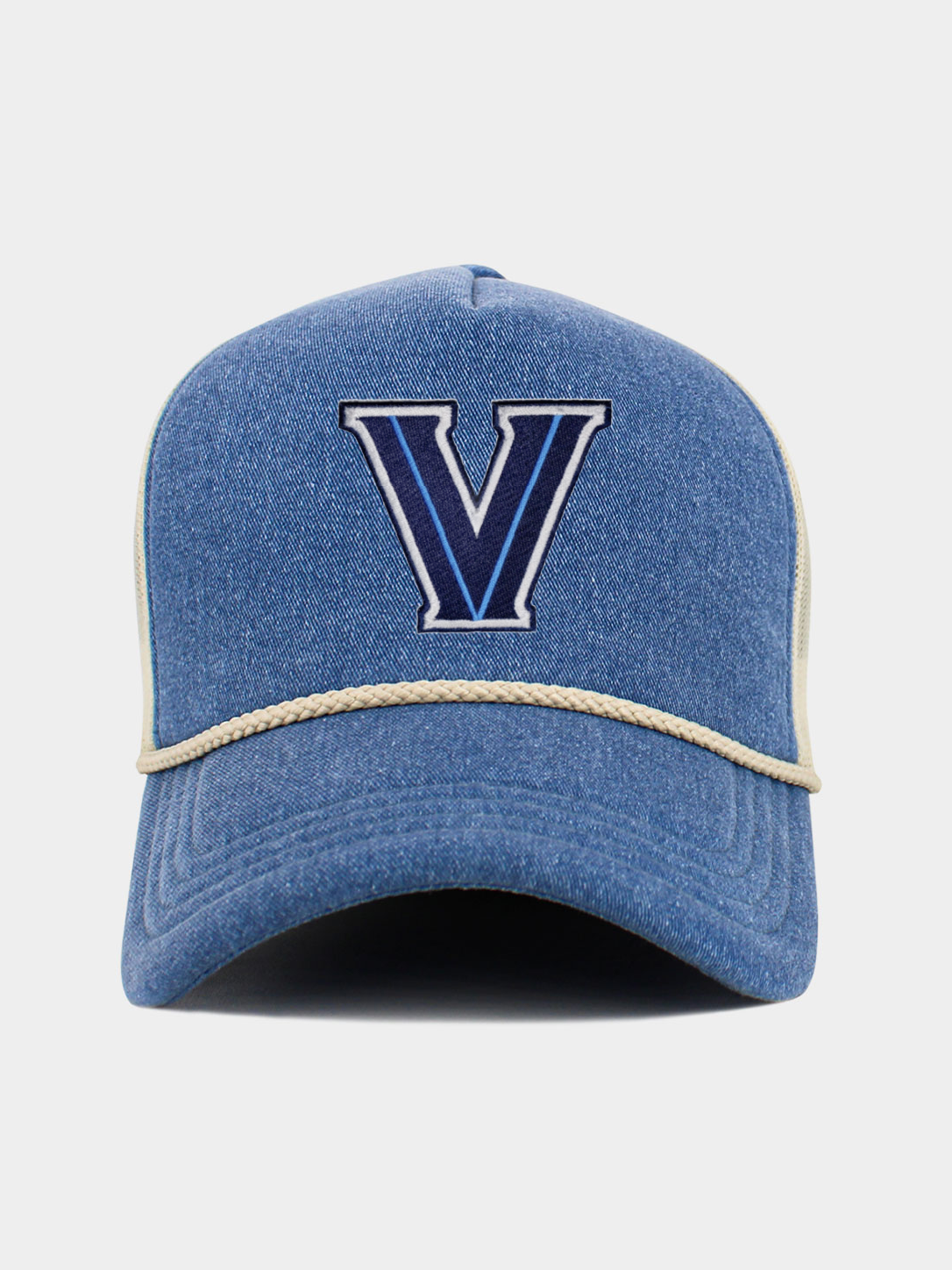 Blue denim trucker cap front with embroidered Villanova V logo