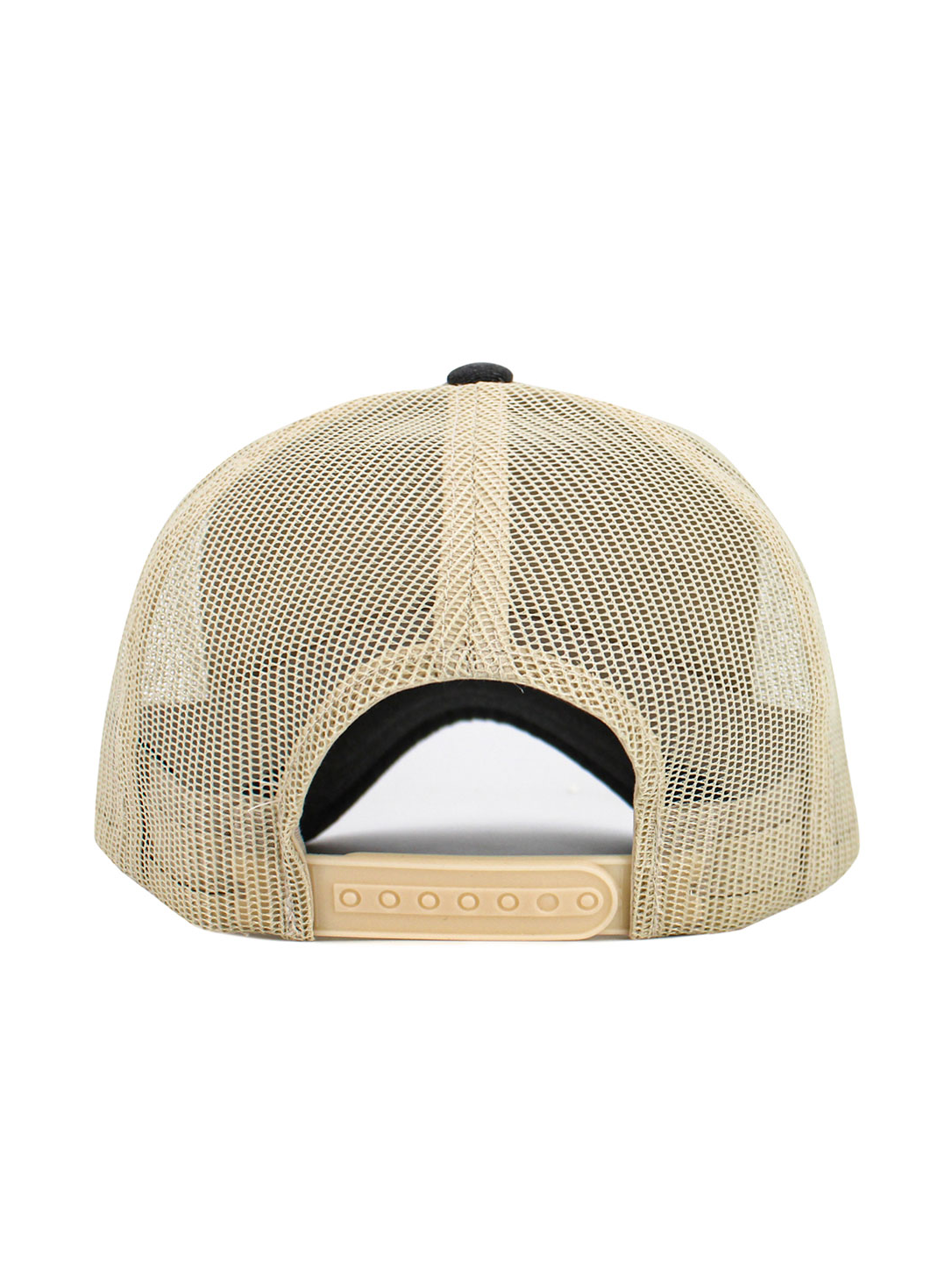 Trucker cap back with beige mesh panels and adjustable snap strap