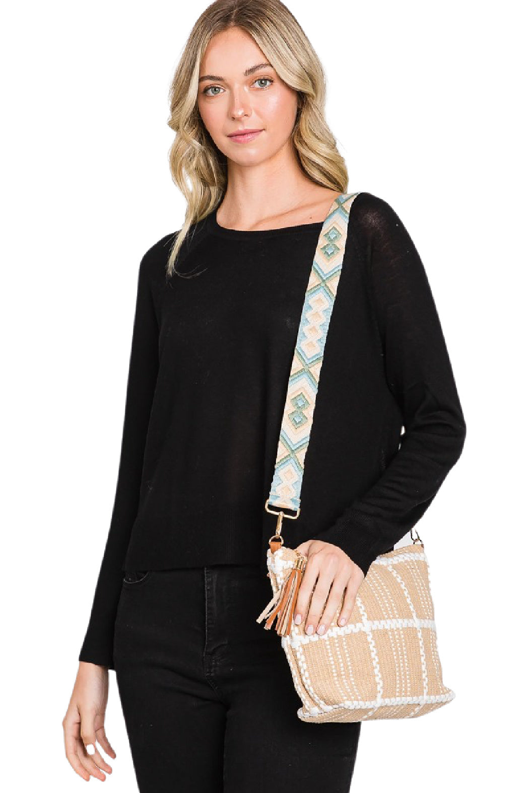 Embroidered Removable Strap Window Pane Crossbody Bag