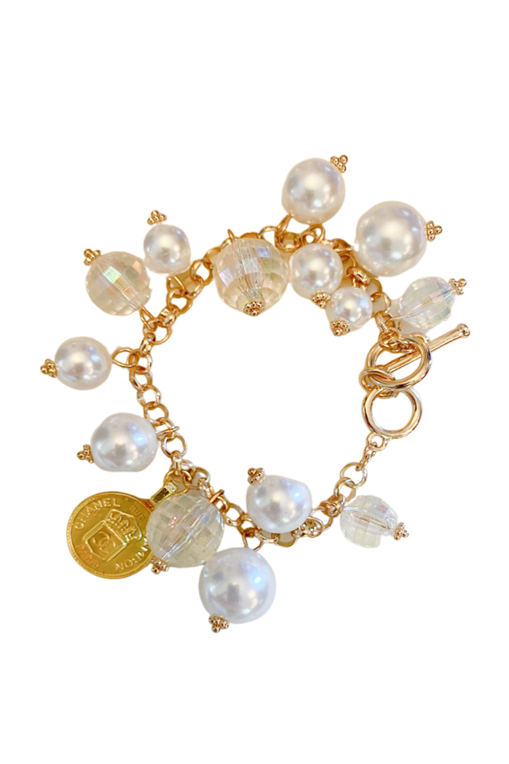 Pearl and Crystal Chanel Button Charm Bracelet