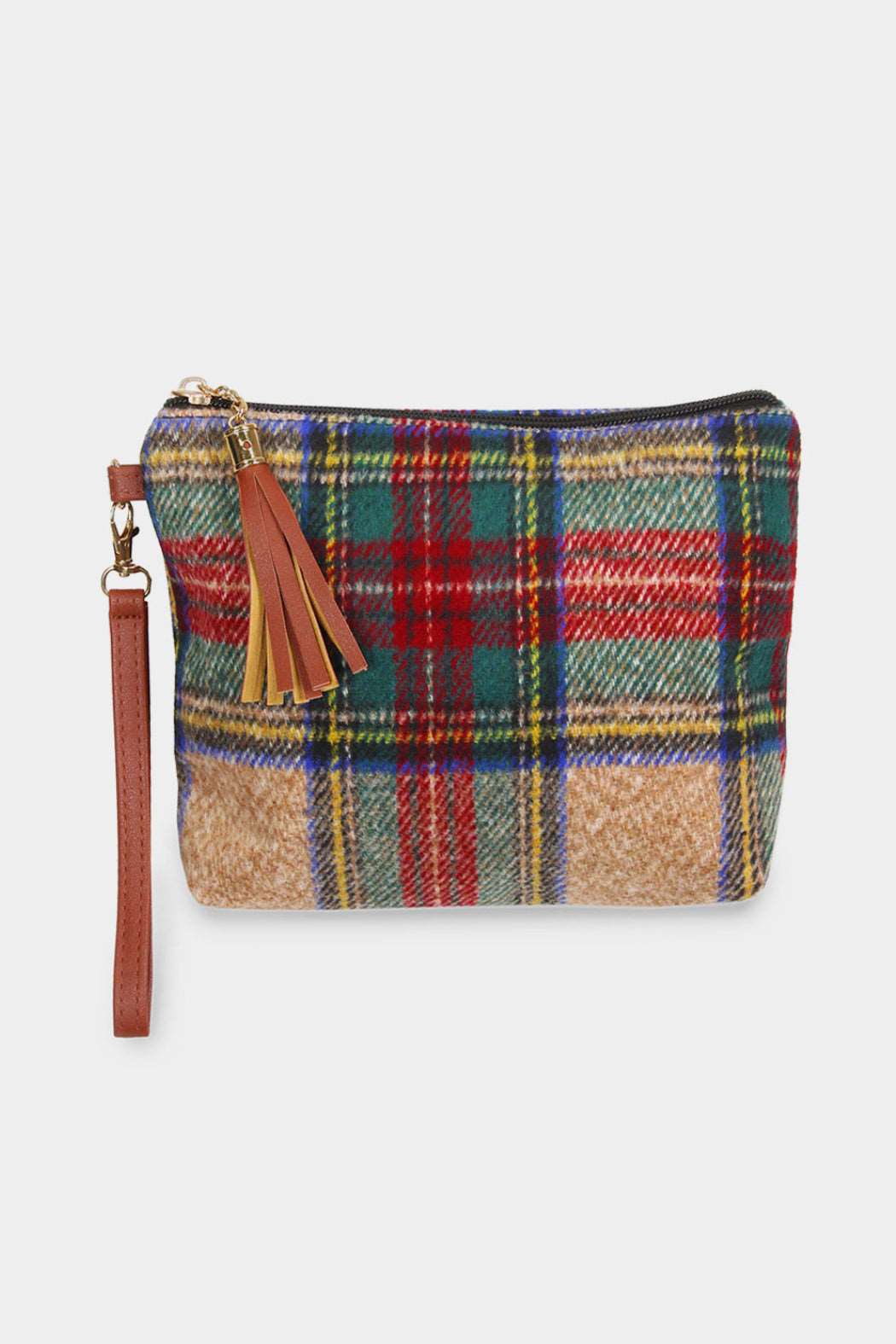 Tartan plaid wristlet bag with brown tassel and wrist strap