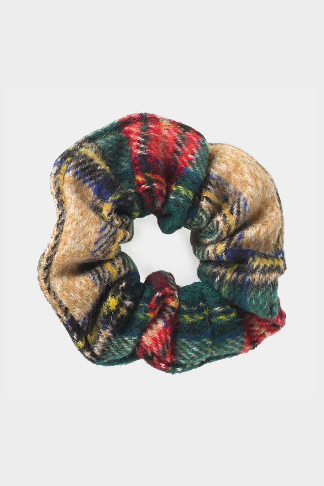 Tartan plaid scrunchie with green, red, blue, and beige check pattern