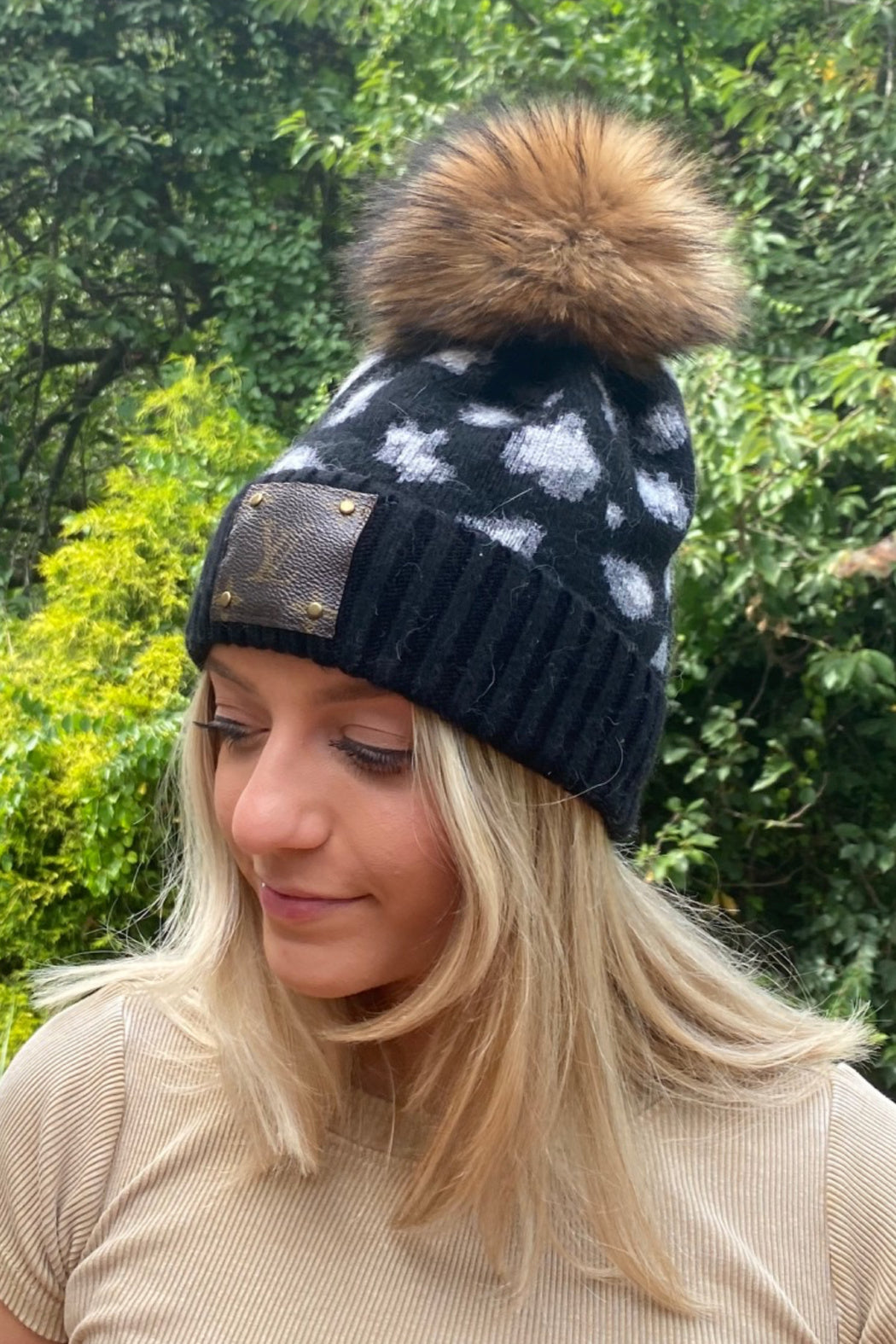 Upcycled Cashmere Blend Knit Leopard with Pom Beanie