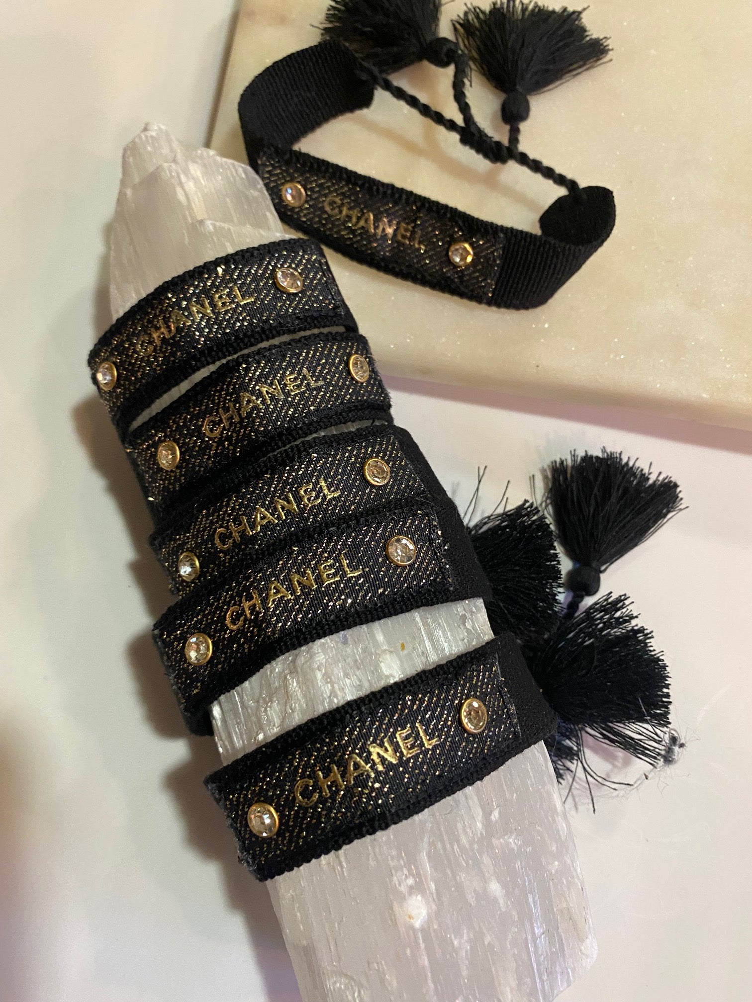 Black and Gold Chanel Ribbon Fabric Bracelet