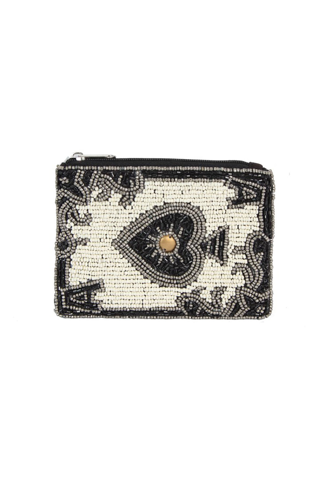 Black-and-white beaded pouch with spade motif and sparkling allover beadwork