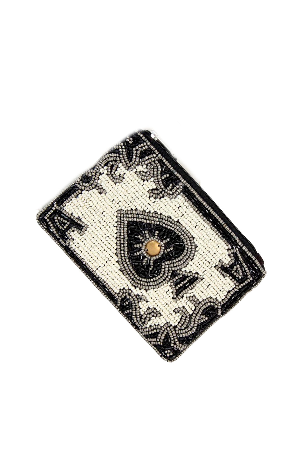 Black-and-white beaded pouch with centered spade design and gold dot