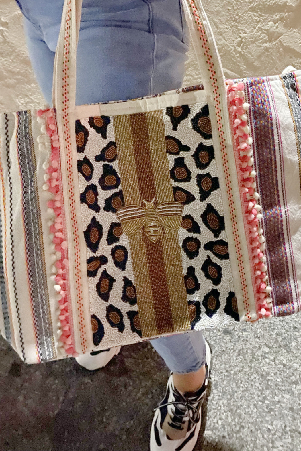 Beaded Leopard Print and Bee Tote Crossbody Bag