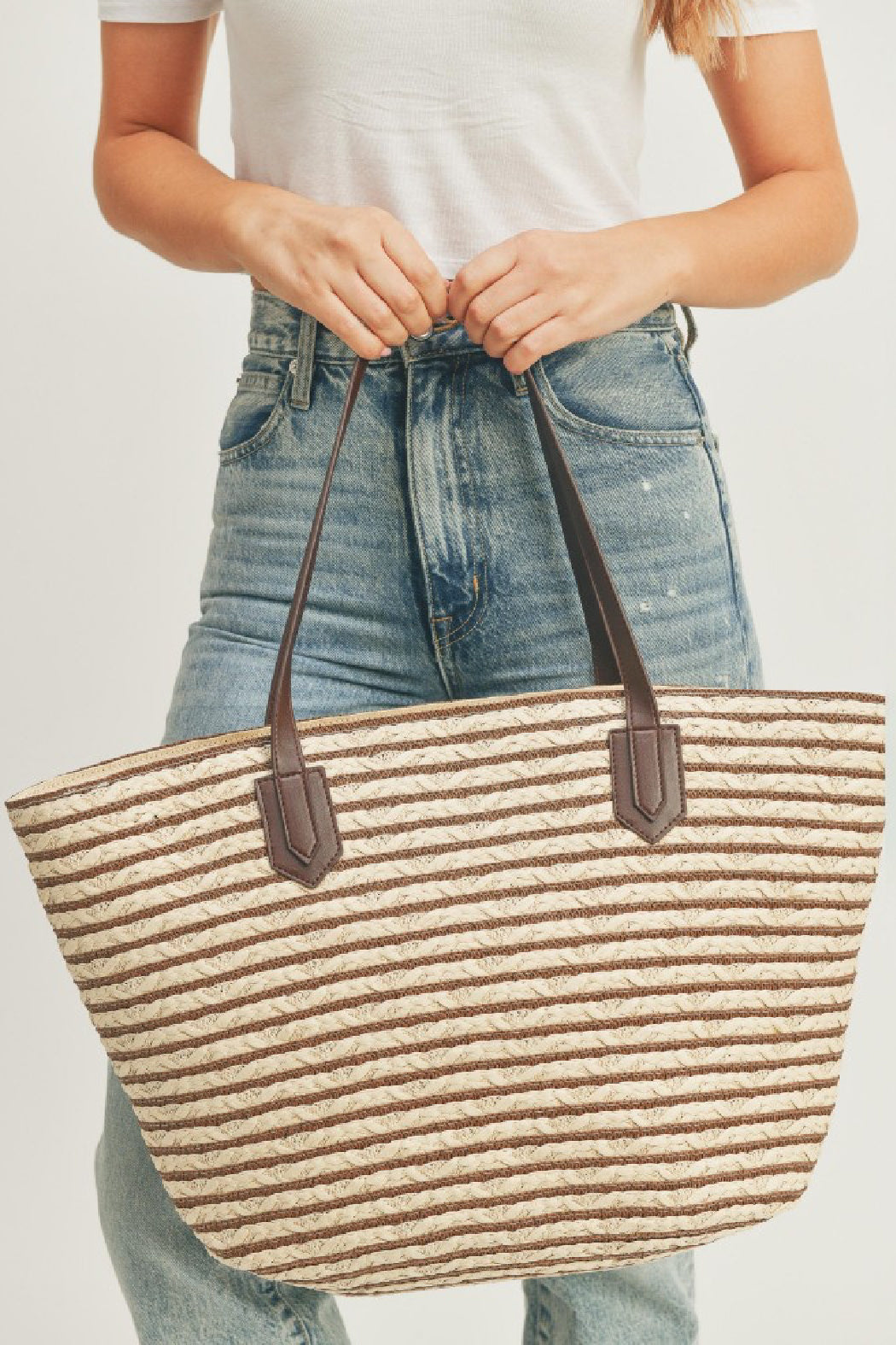 Horizontal Striped Straw Tote Bag