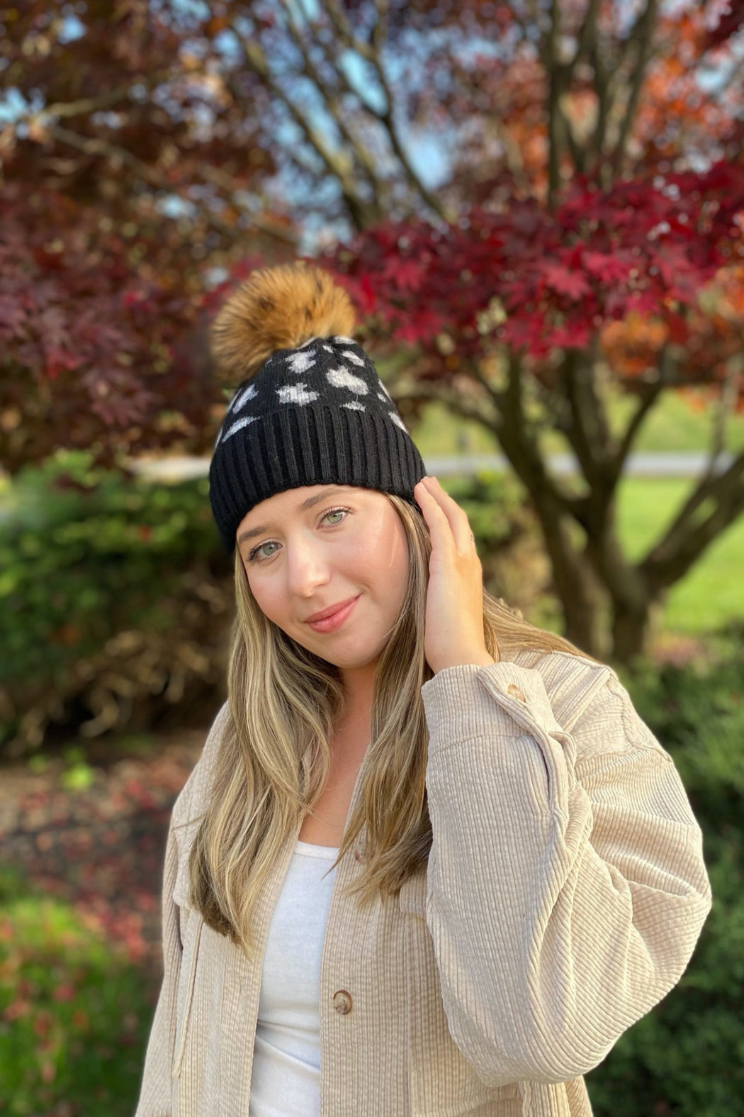 Cashmere Blend Knit Leopard with Pom Beanie