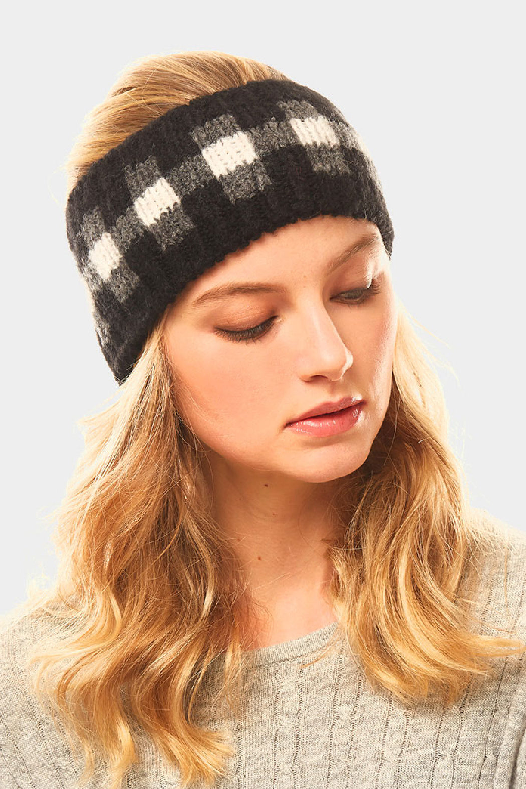 Chanel Button Buffalo Plaid Knit Headband