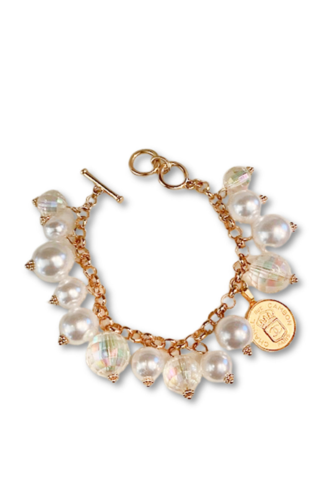 Pearl and Crystal Chanel Button Charm Bracelet