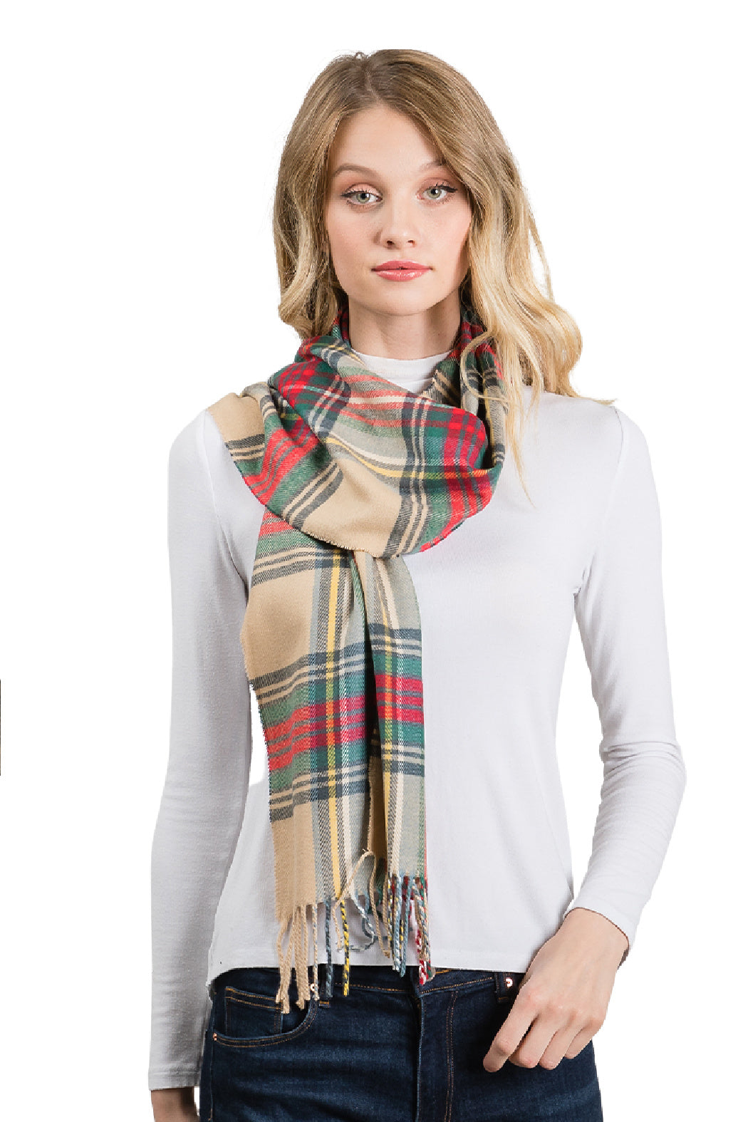 Beige, Red and Green Plaid Scarf