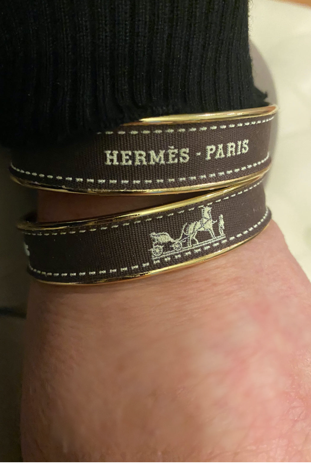 Hermes Brown Ribbon Upcycled 18K Gold Plated Cuff Bracelet