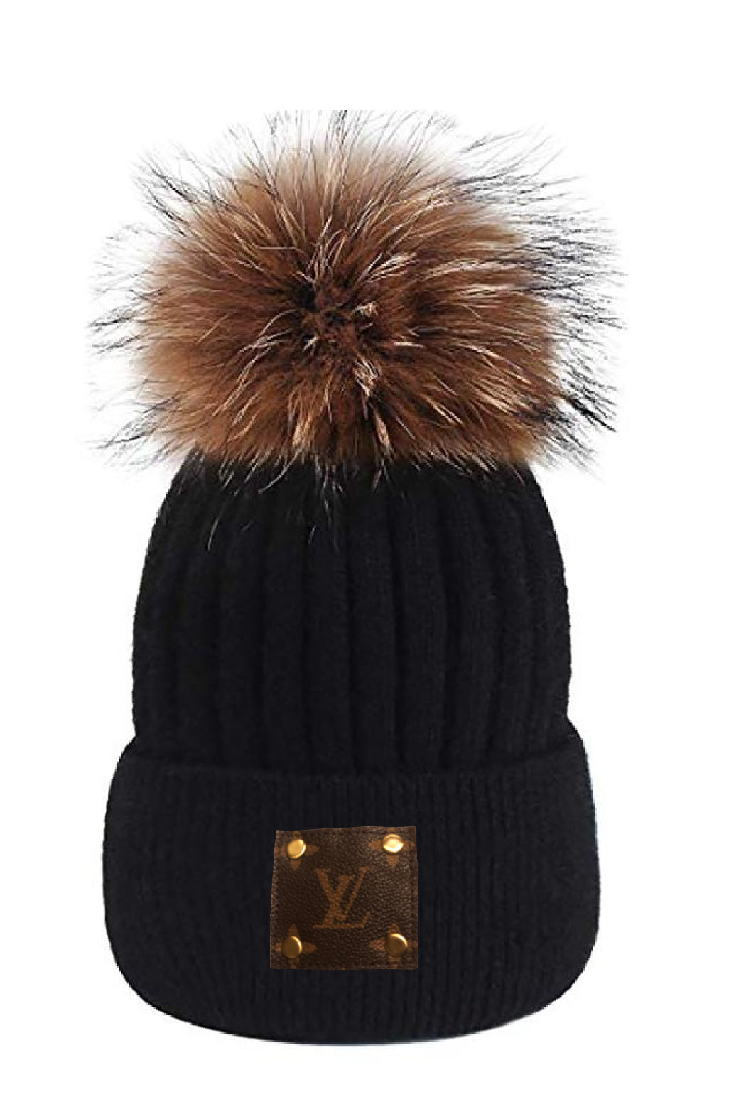 Upcycled LV Detachable Fur Pom Beanie display picture 3