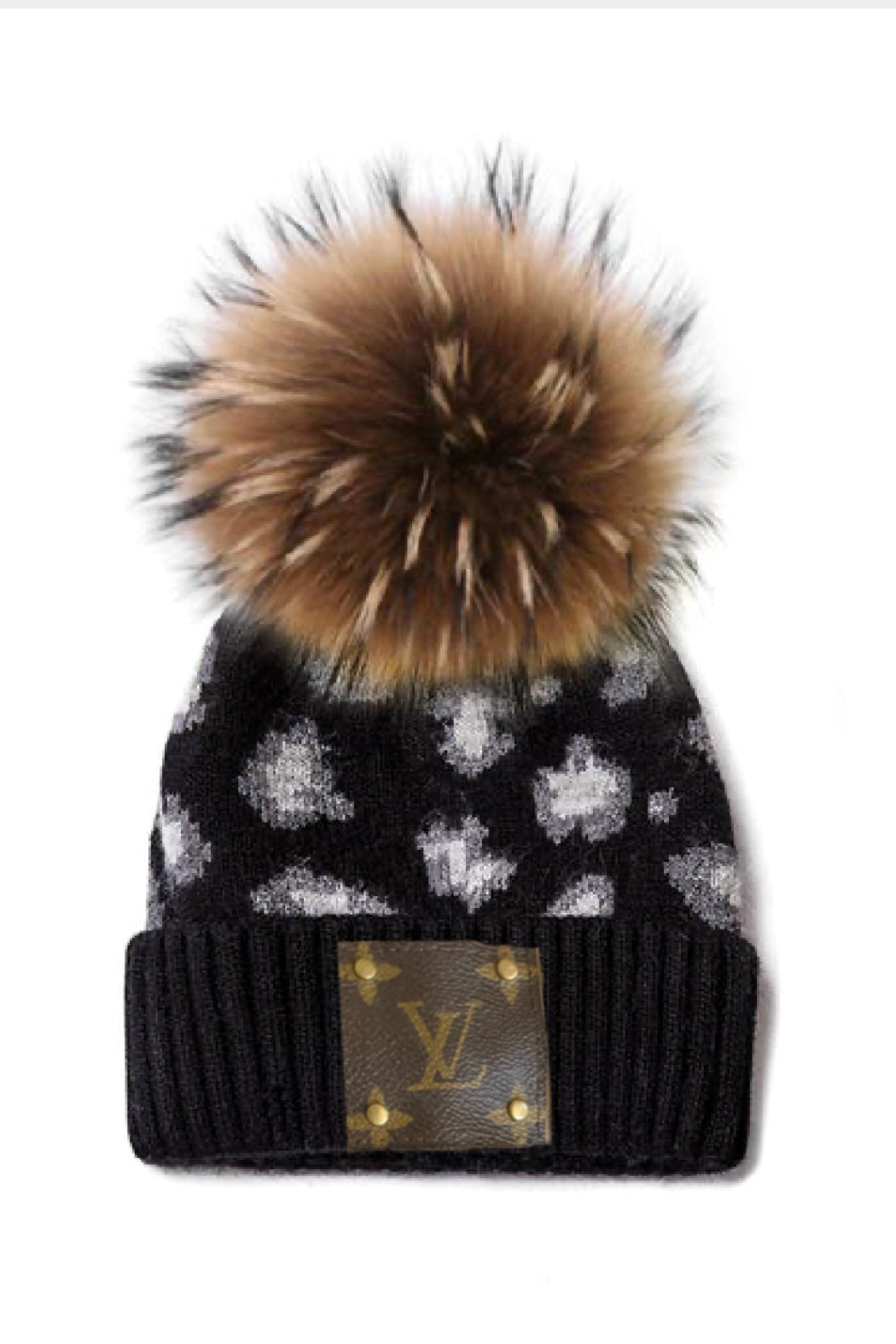 Upcycled Cashmere Blend Knit Leopard with Pom Beanie