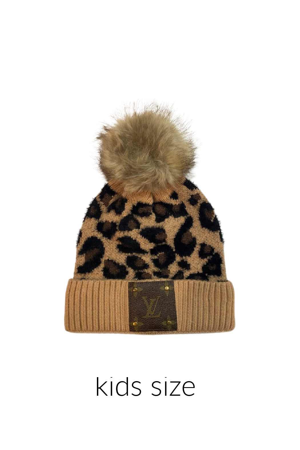 Kids Upcycled Brown Leopard Pom Knit Beanie