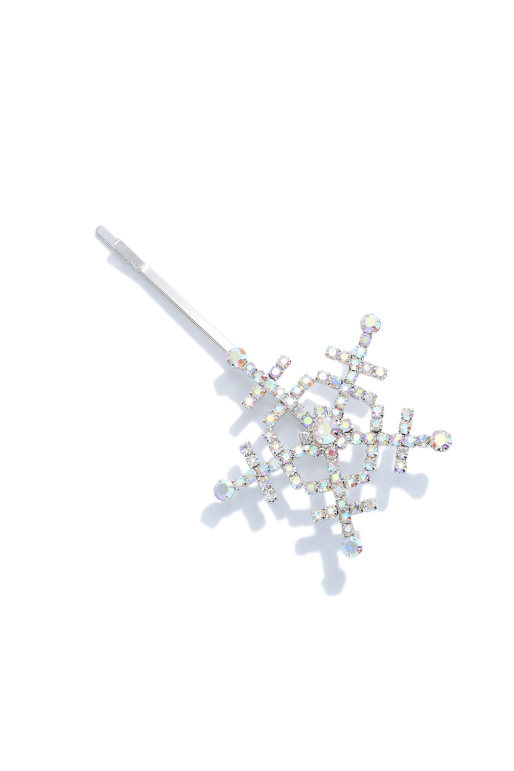 Iridescent silver snowflake hair pin with AB crystal rhinestones on barrette pin