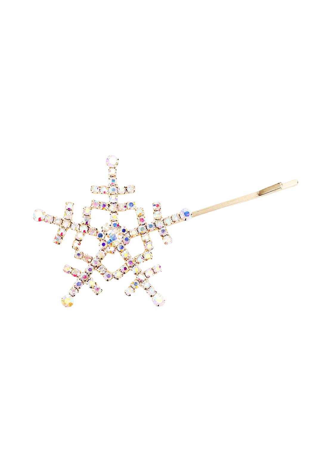 Gold-toned snowflake hair pin with AB crystal rhinestones and slim barrette pin