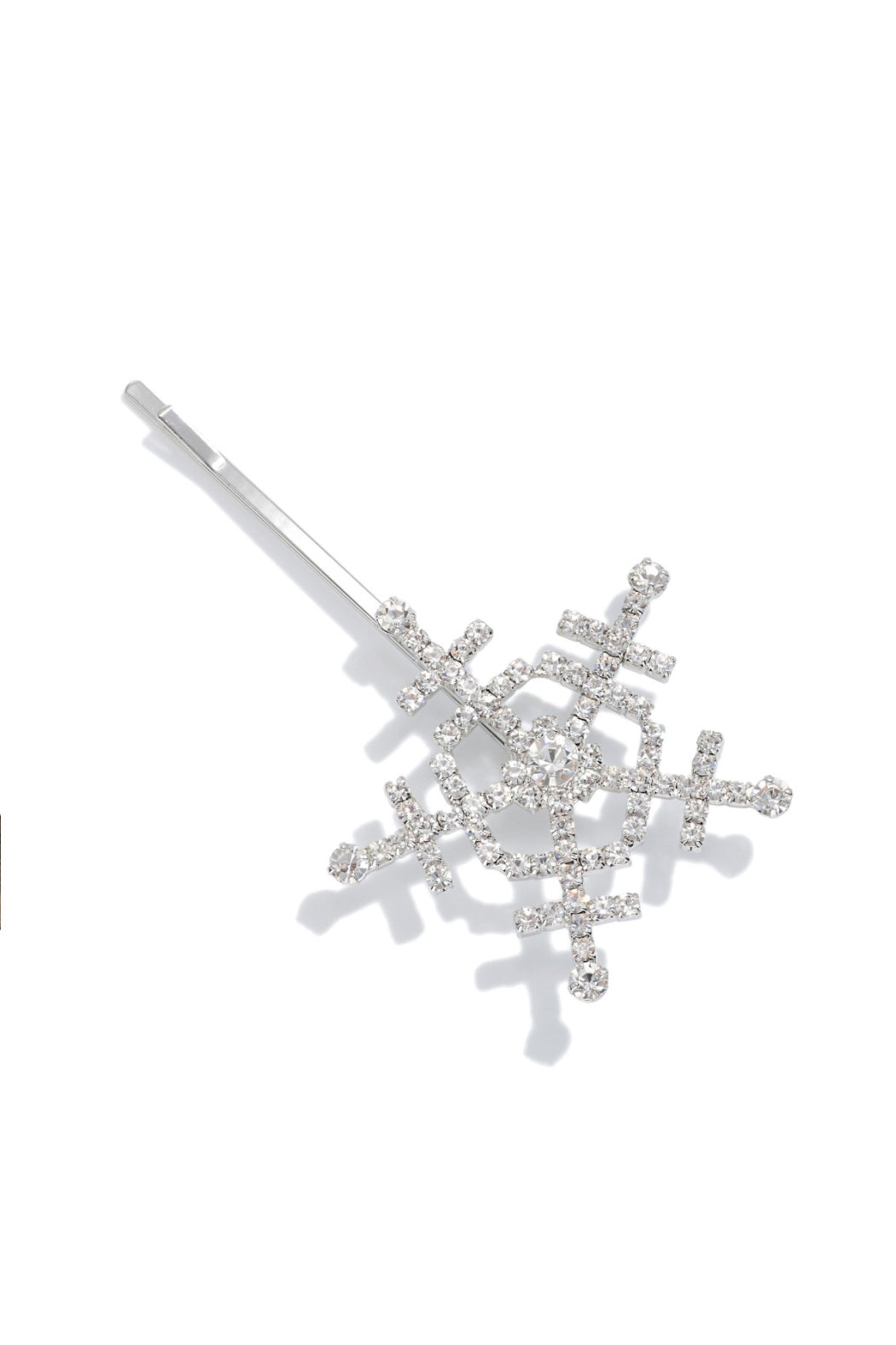 Silver snowflake hair pin with clear rhinestones and straight barrette pin