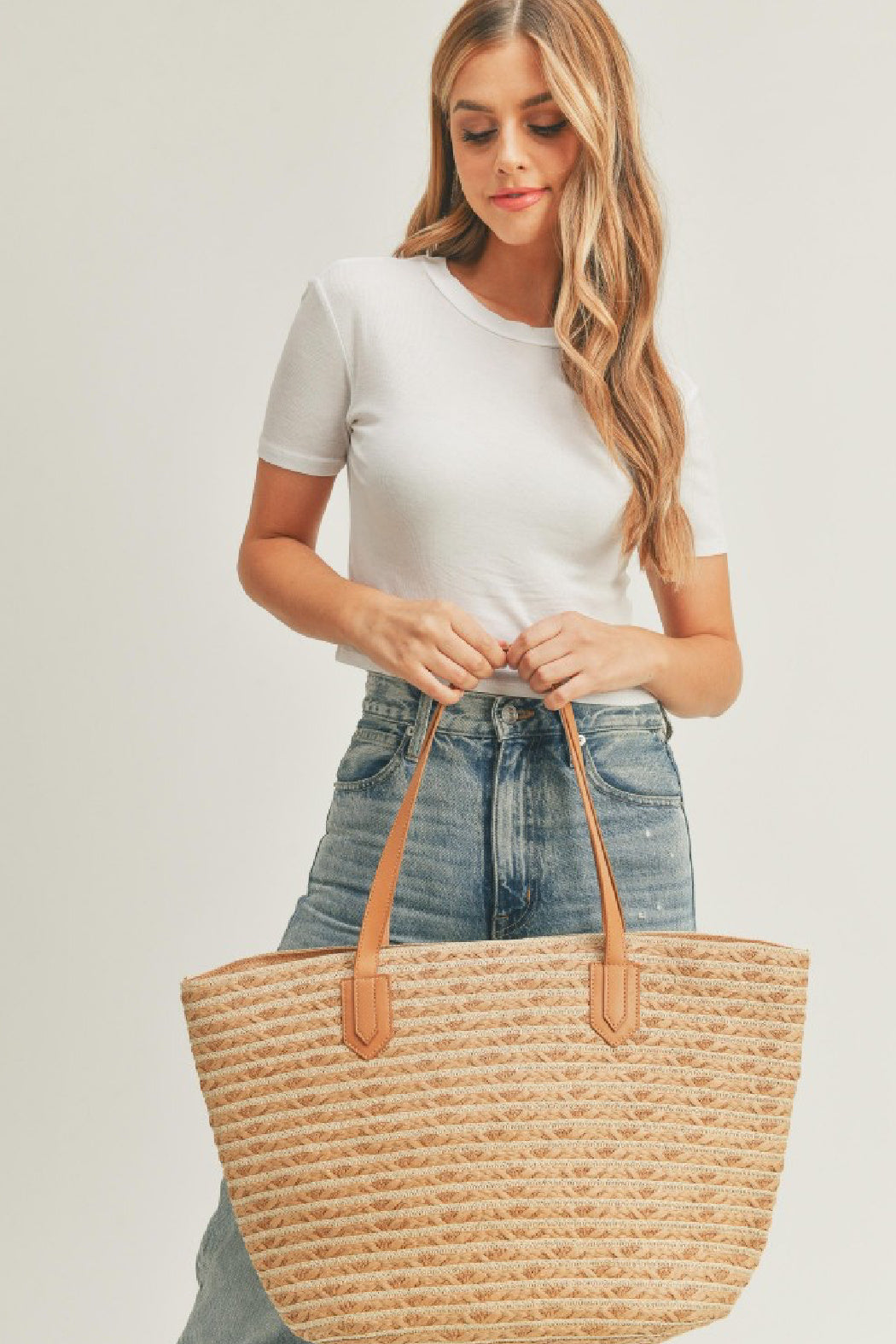 Horizontal Striped Straw Tote Bag