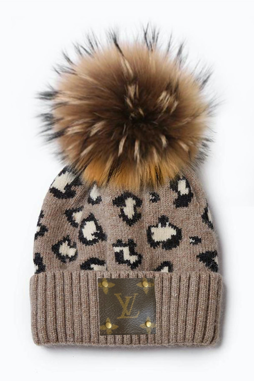 Upcycled Cashmere Blend Knit Leopard with Pom Beanie