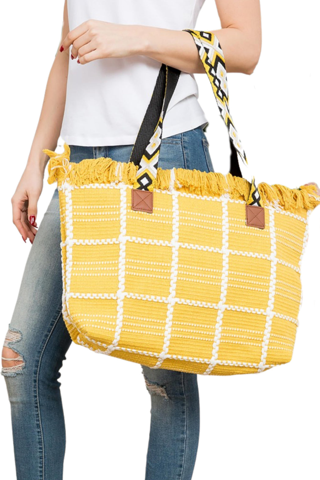 Embroidered Strap Window Pane Tote