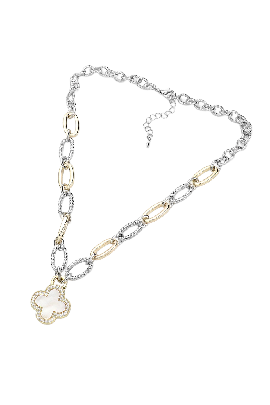 2 Tone Mother of Pearl and CZ Clover Necklace