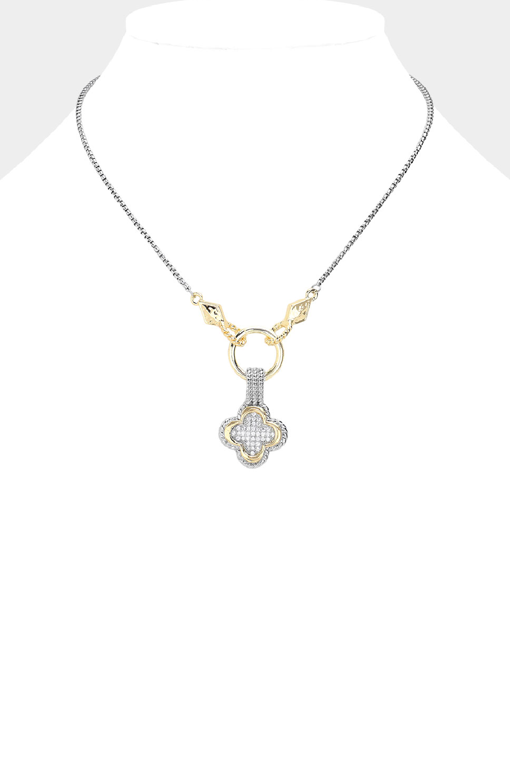 Gold Plated 2 Tone Pave Clover Necklace
