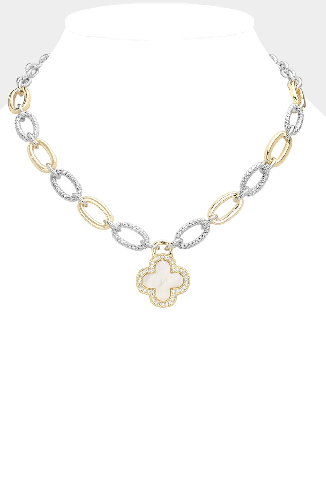 2 Tone Mother of Pearl and CZ Clover Necklace