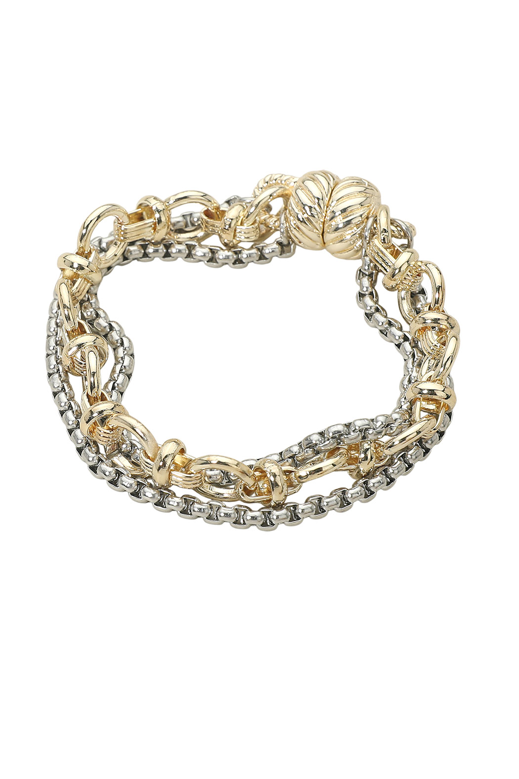 Two-tone gold and silver chain bracelet with leaf charm and magnetic clasp