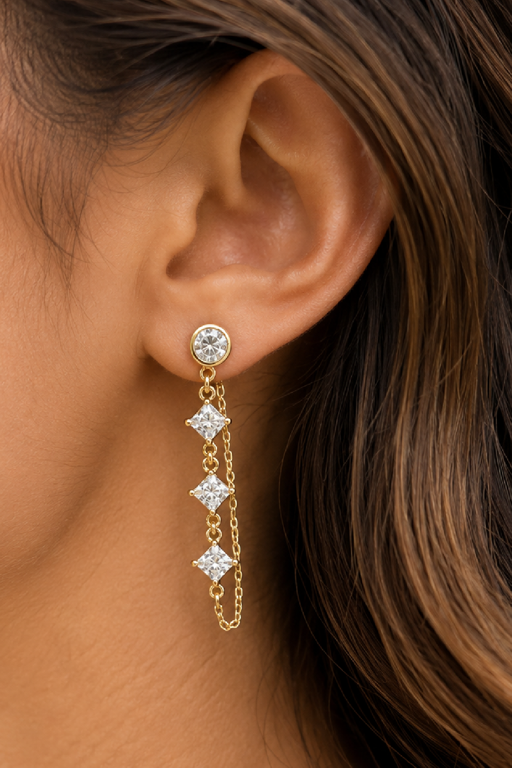 Gold Plated Three Diamond Earrings