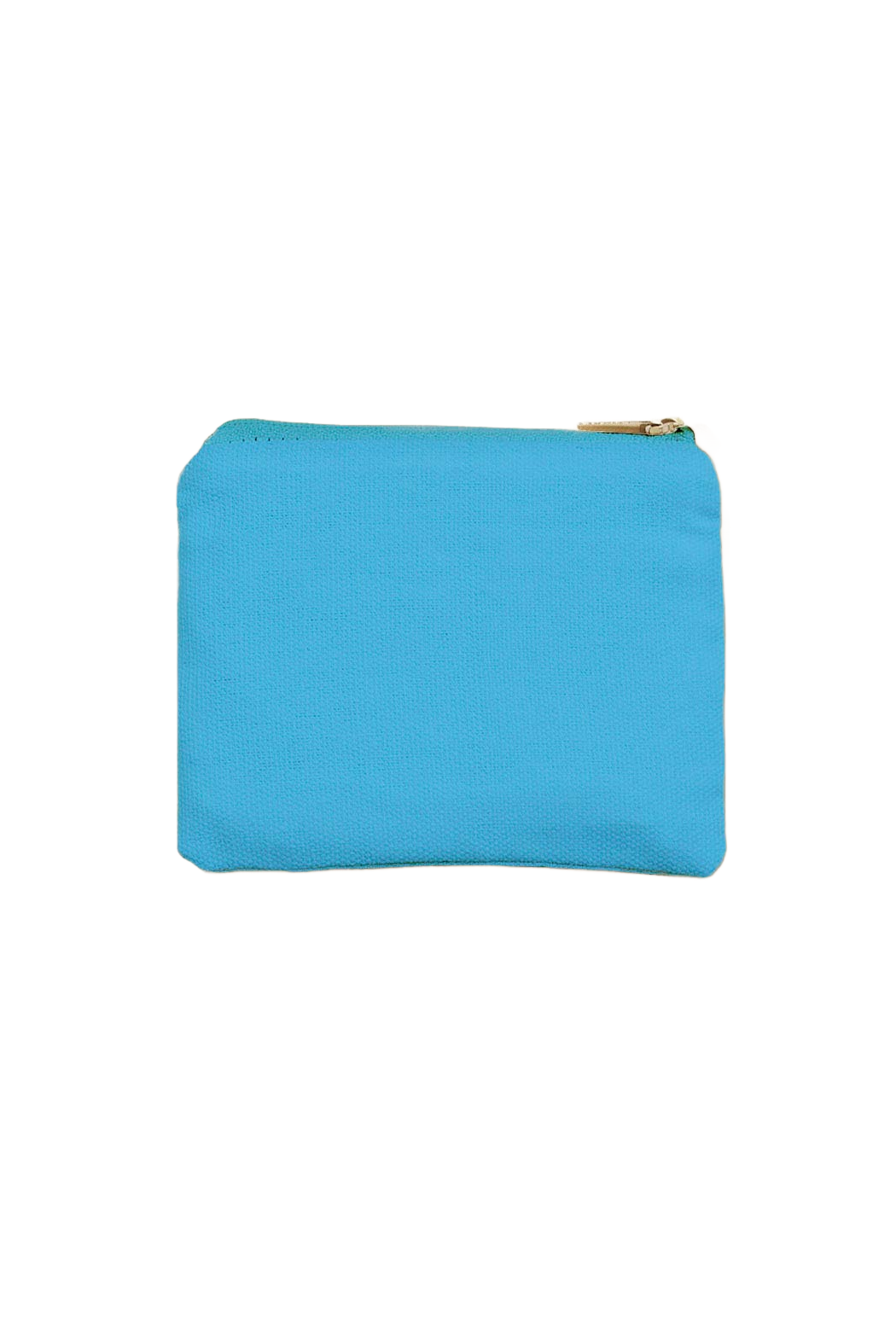 Blue fabric pouch with top zip and small gold zipper pull