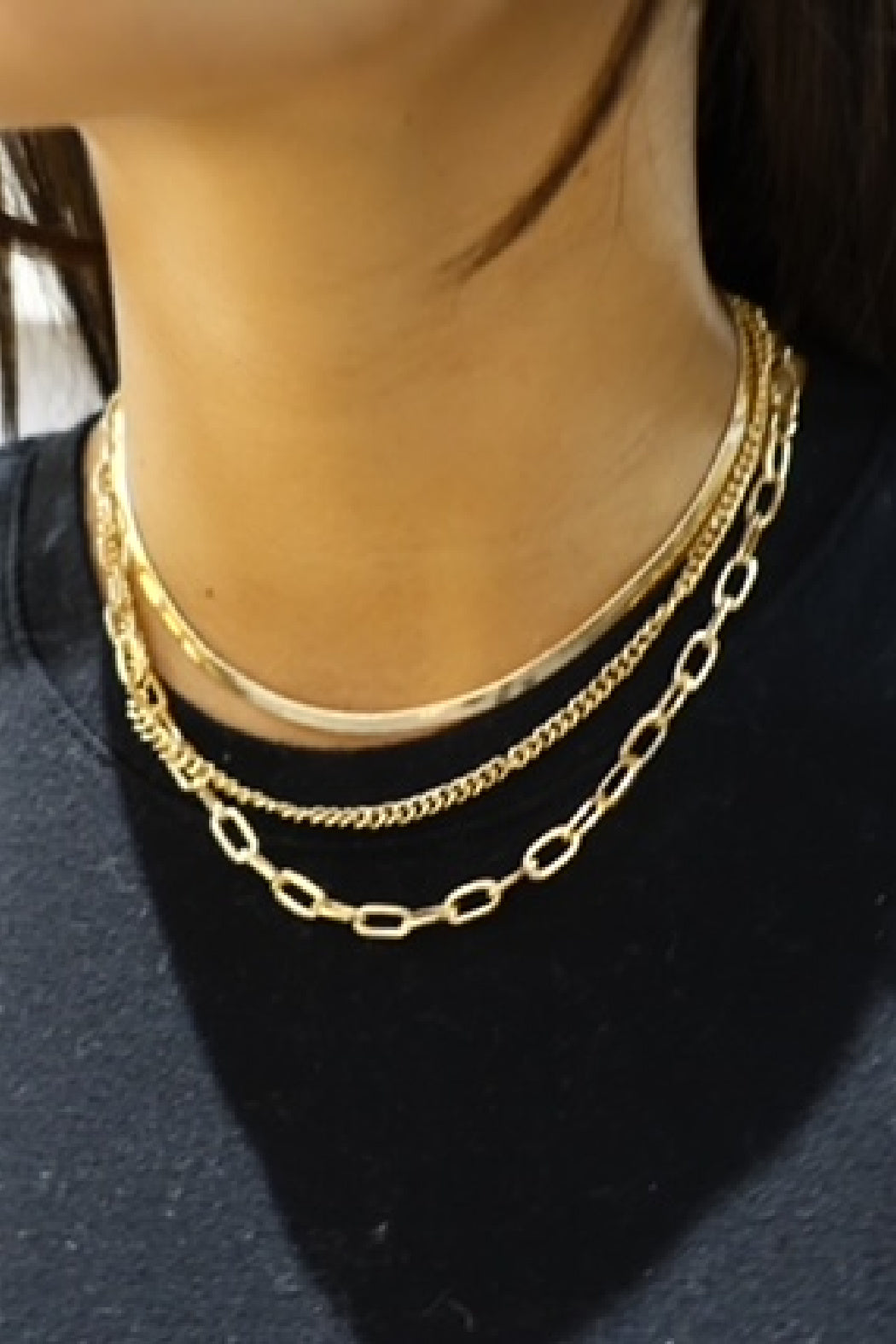 3 Layer Herringbone and Link Gold Necklace