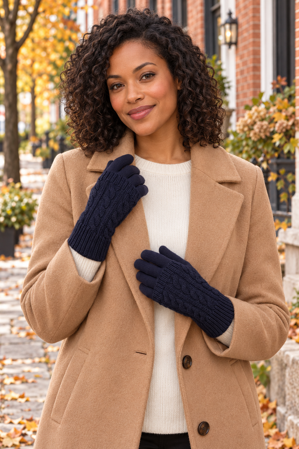 model wearing cable knit gloves in black