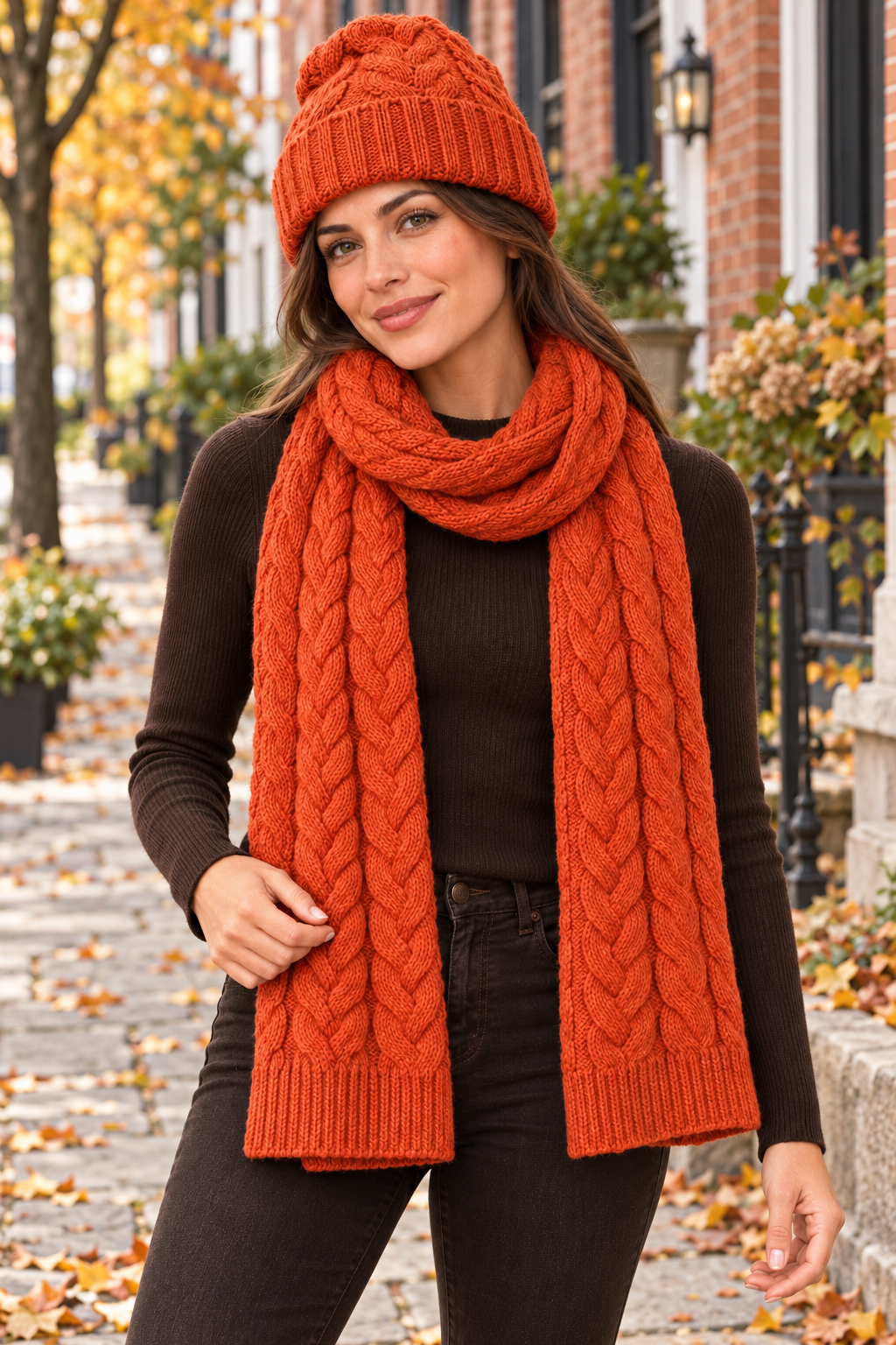 model wearing orange cable knit scarf and beanie