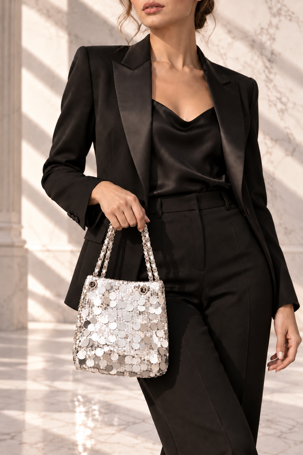 Silver Sequin Bucket Bag