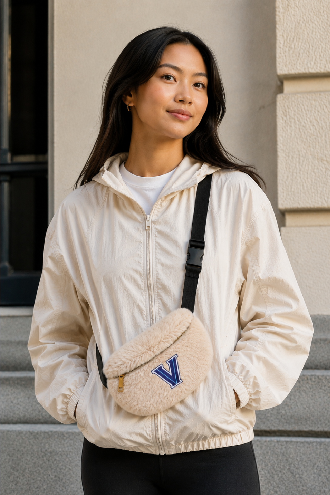 Beige faux fur sling bum bag, black strap and blue 'V' logo, rounded zip top
