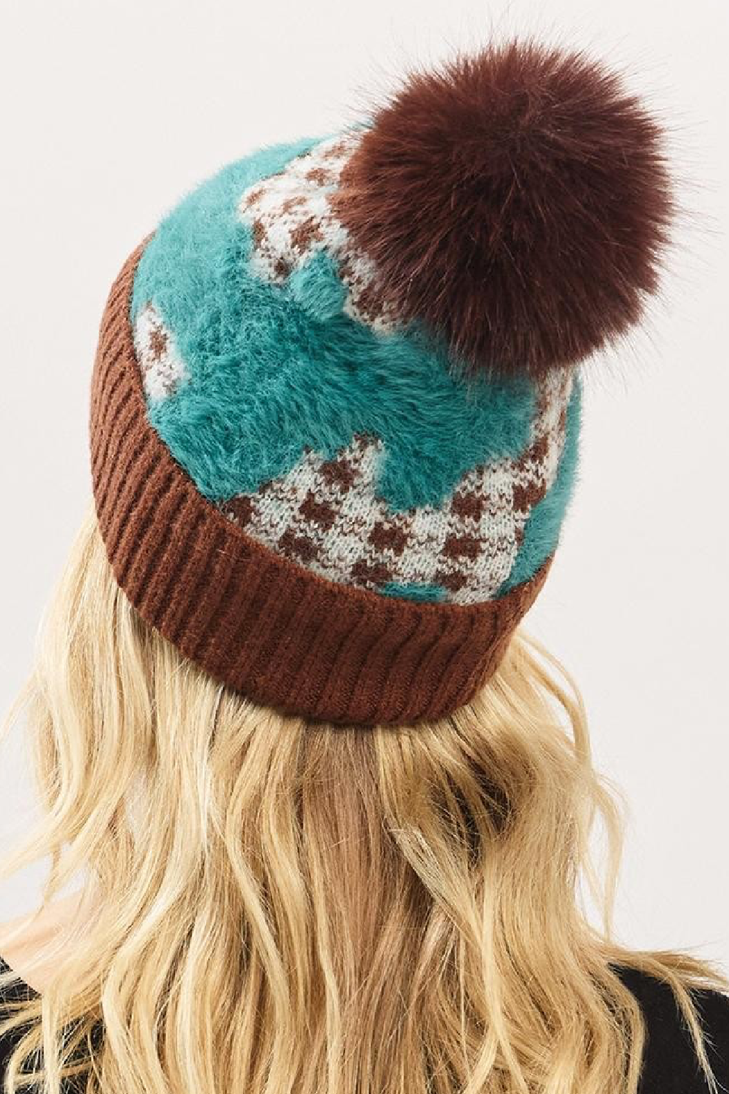 Upcycled Fuzzy Abstract Plaid Beanie